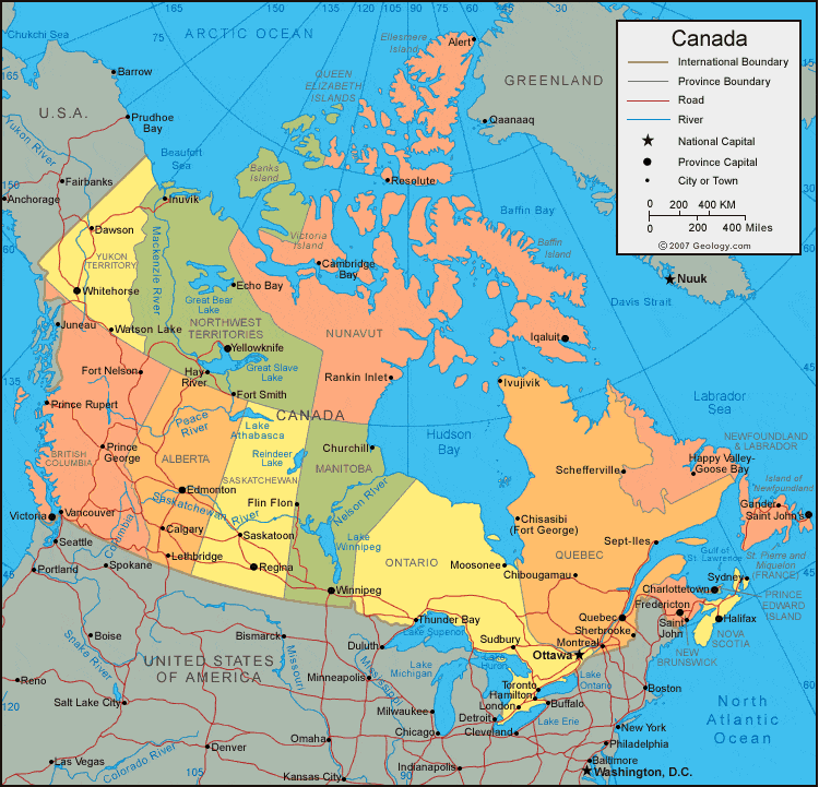 Mapa das estradas canadenses