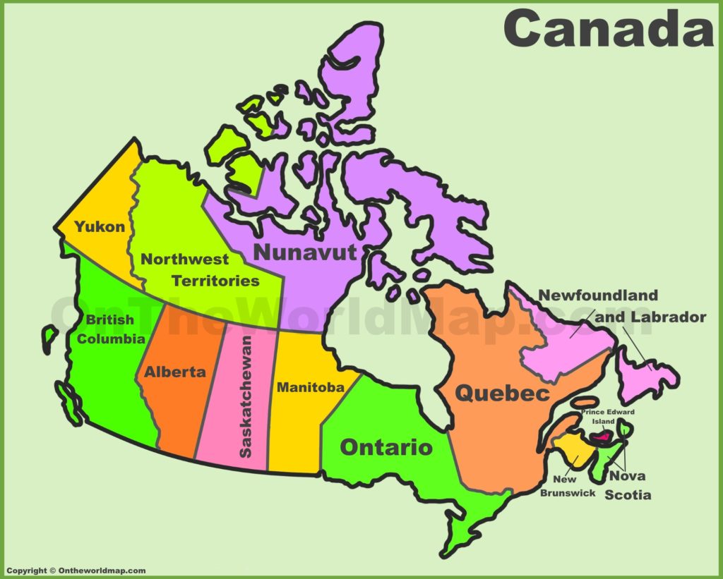 Mapa do Canadá com províncias e territórios